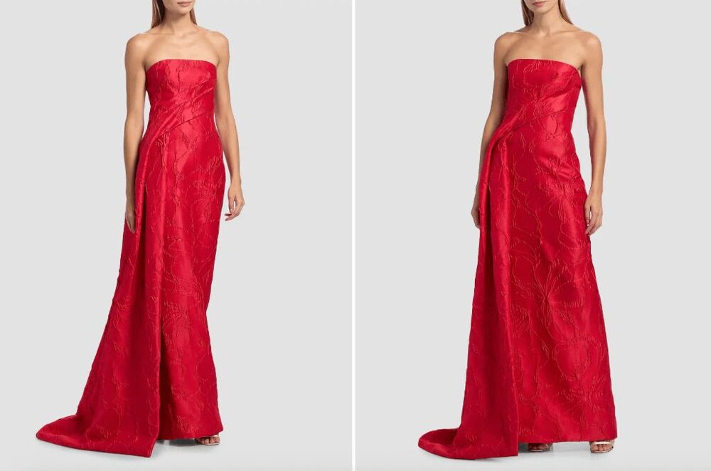 Monique Lhuillier Jacquard Floral Draped Column Gown in Poppy Size US 10 $5995